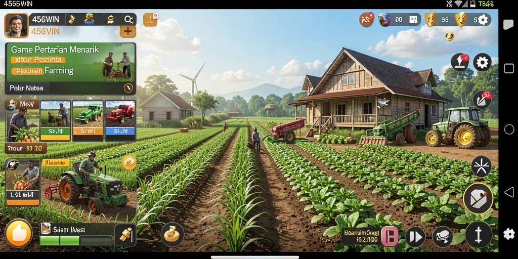 Tangkapan layar dari gameplay 456WIN menunjukkan ladang subur dan aktivitas bertani.