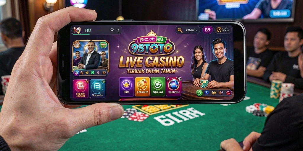 Screenshot gameplay 98TOTO menampilkan dealer Live Casino yang berinteraksi dengan pemain.