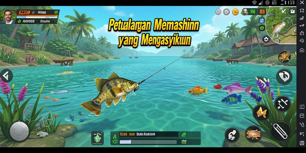Screenshot gameplay EZ338 dengan aksi memancing yang seru.